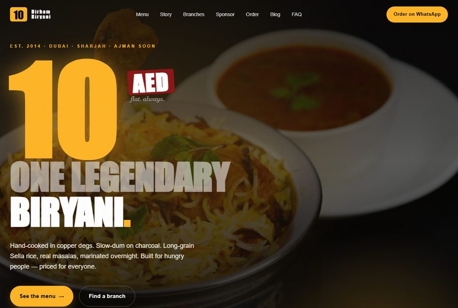 10 Dirham Biryani — restaurant website designed by Internext, Dubai