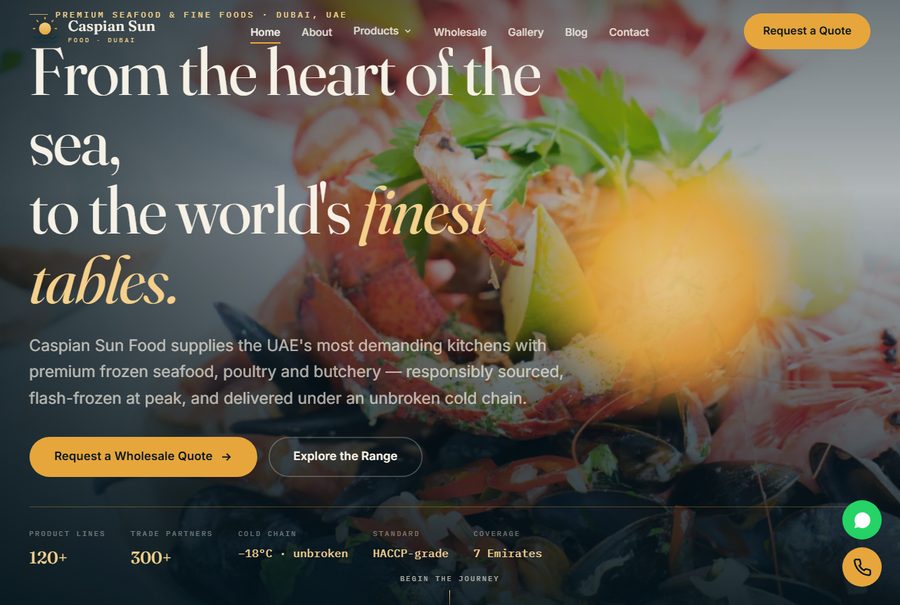 Caspian Sun Food — seafood supplier website, a concept build by Internext