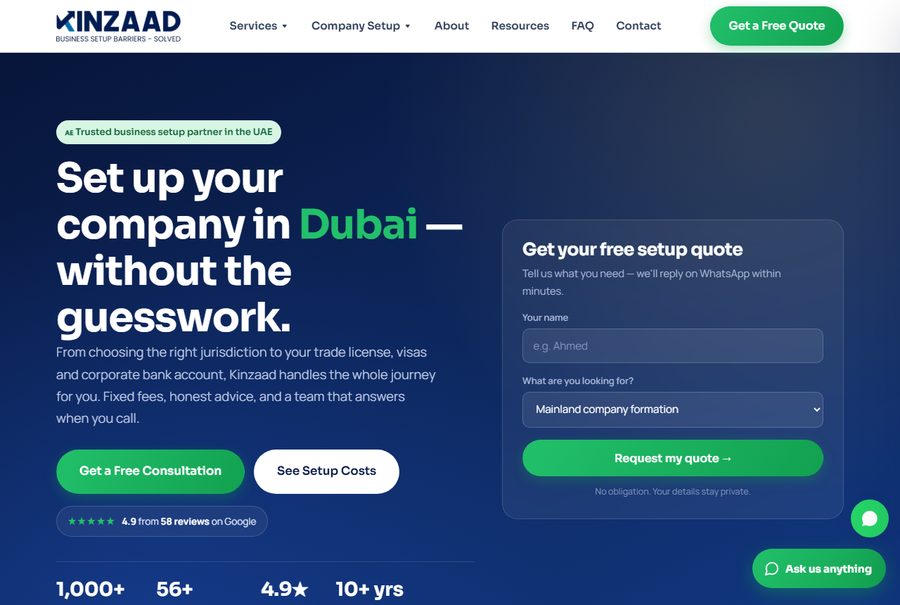 Kinzaad — business setup consultancy website designed by Internext, Dubai